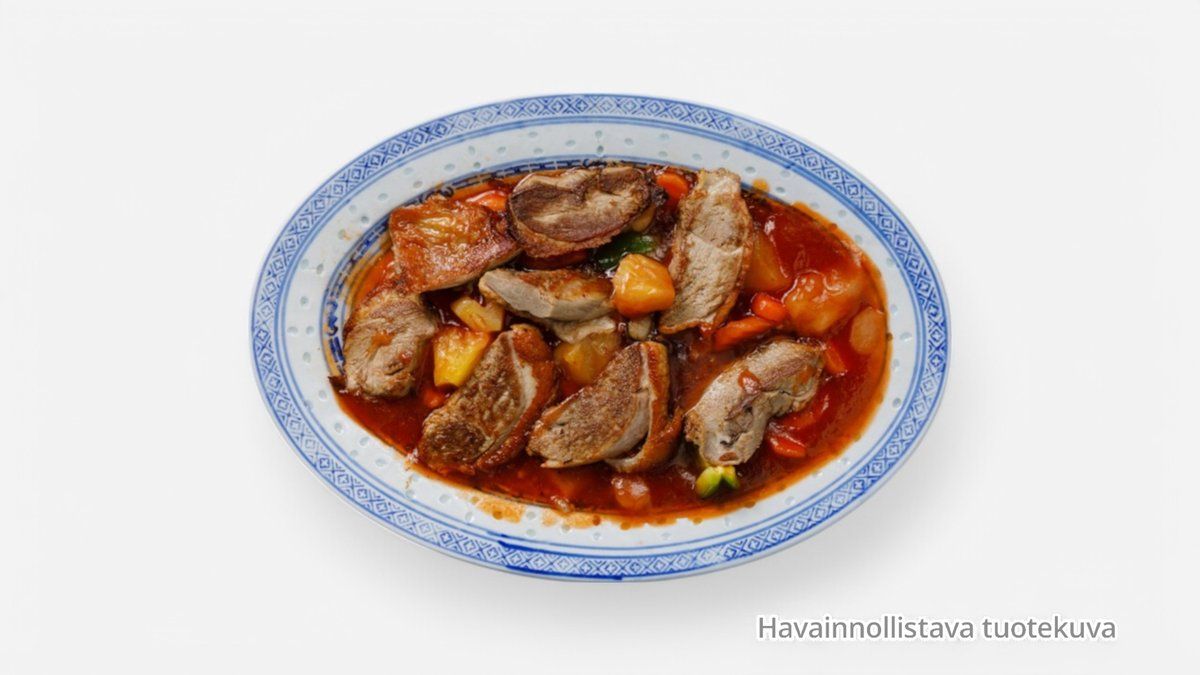 42. Ankkaa ja ananasviipaleita hapanimeläkastikkeessa