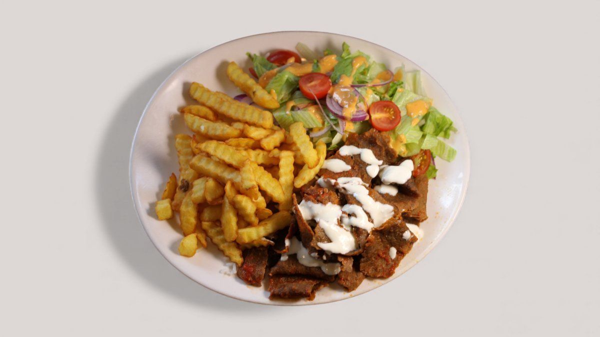 Beef kebab, french fries, drink