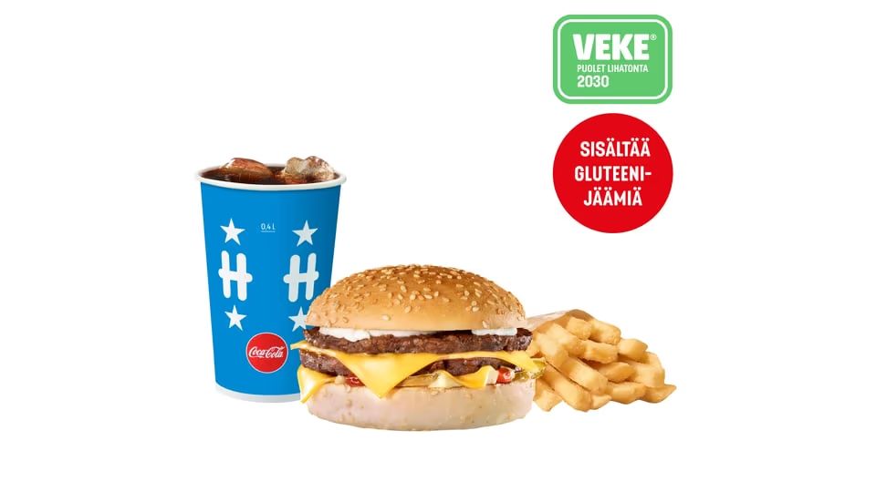 VEKE®-tuplajuustohampurilainen gl. sämpylällä ateria