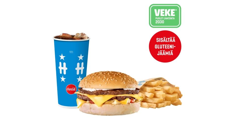 VEKE®-tuplajuustohampurilainen gl. sämpylällä Iso ateria
