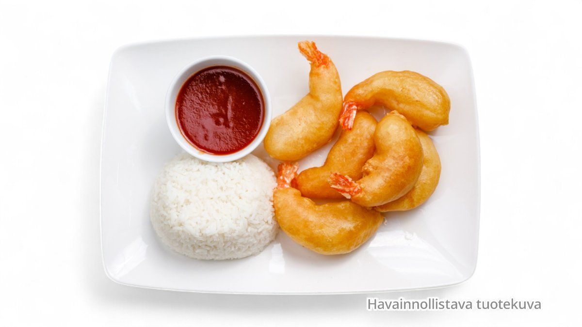 23. Friteerattuja jättikatkarapuja hapanimeläkastikkeella