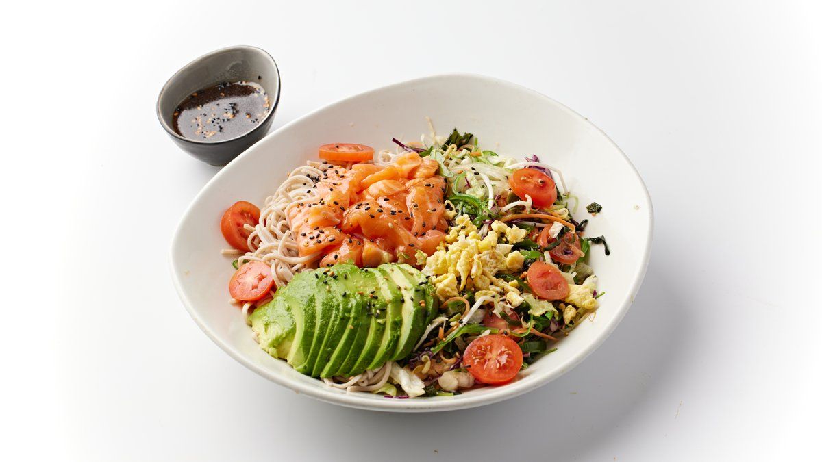 Soba bowl with salad, raw salmon, shrimp, wasabi shoyu