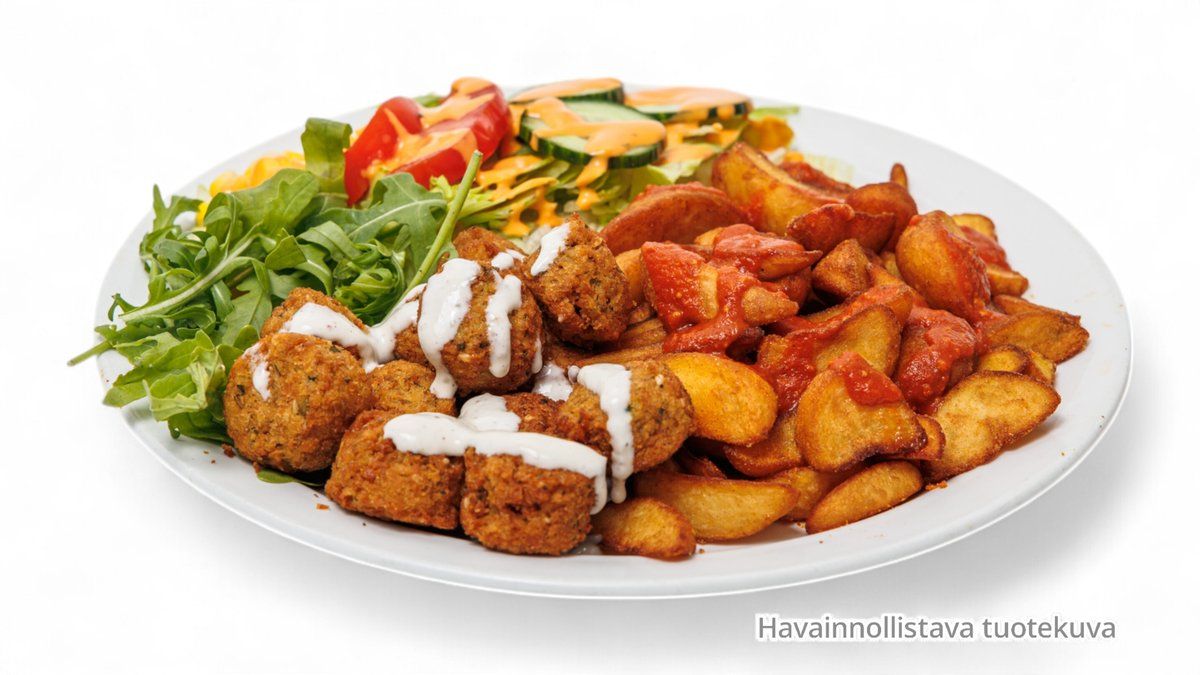 Falafel lohkoperunoilla