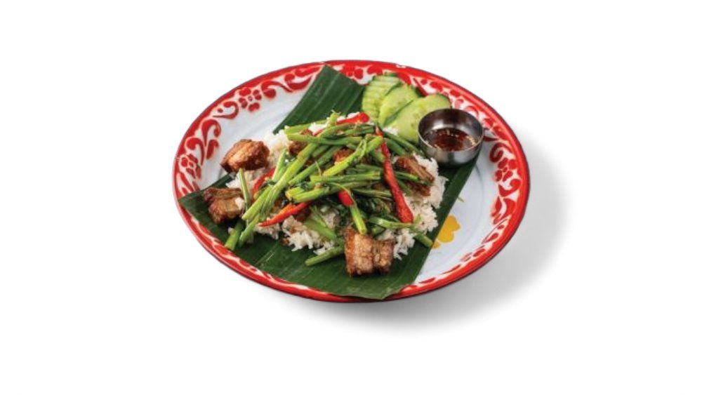 Moo korp pad phak bung fai daeng raad khao